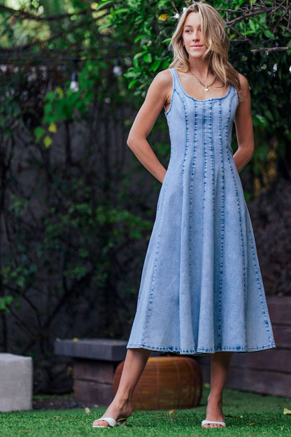Panelled Denim Midi Dress Exposed Back Zipper