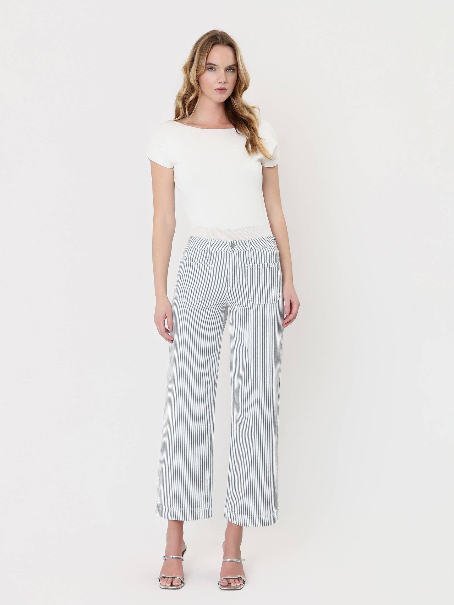 HIGH RISE PATCH POCKET CROP STRIPED WIDE LEG JEANS LV2292STR