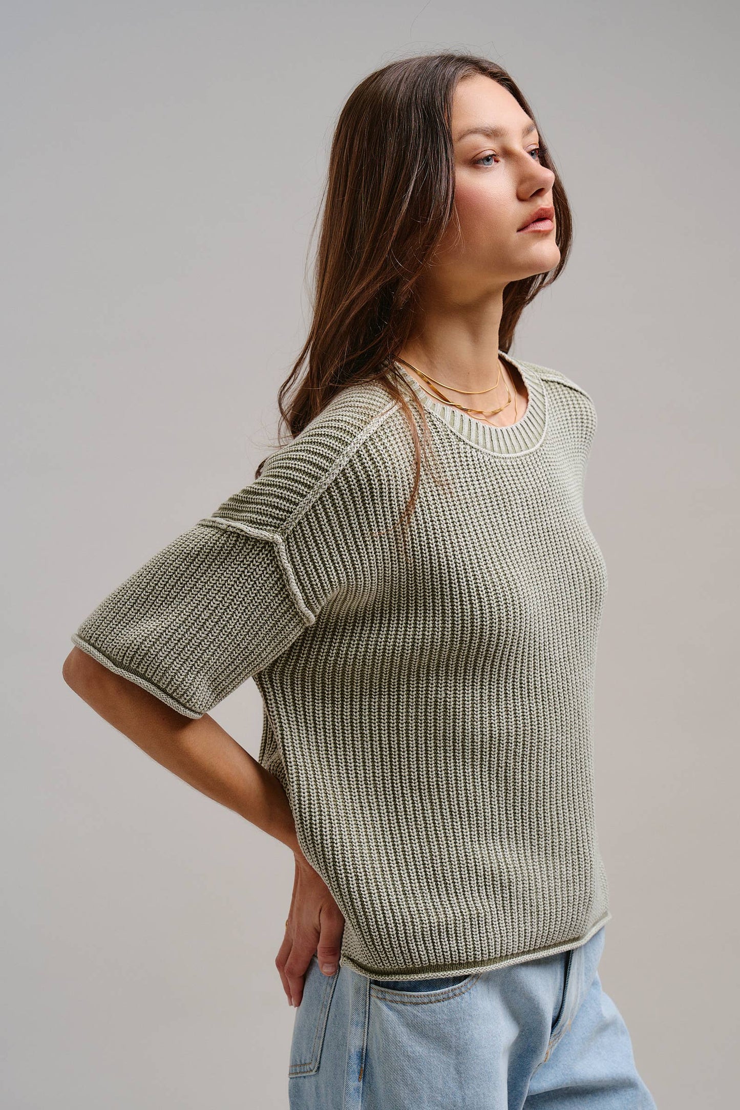 Mineral Wash Exposed Seam Short Sleeve Sweater