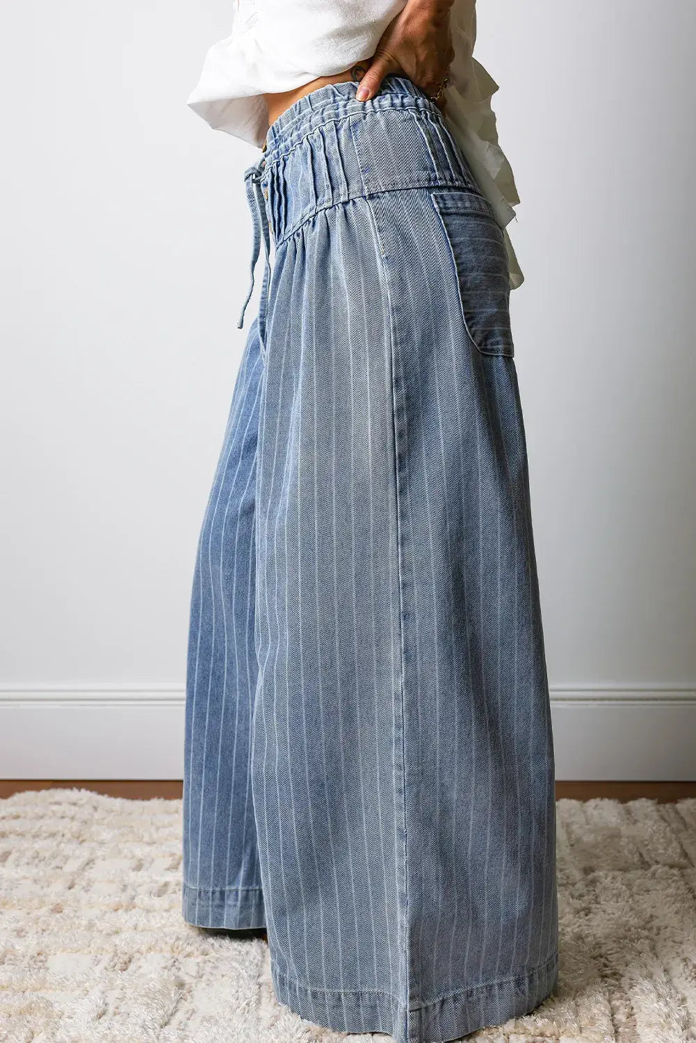 Stripe Button Pleated Drawstring Waist Casual Wide Leg Jeans