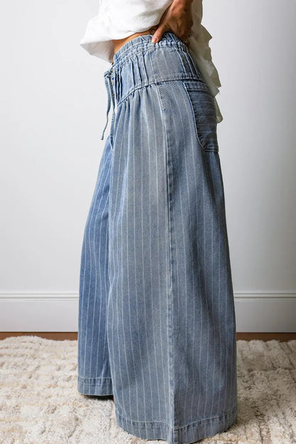 Stripe Button Pleated Drawstring Waist Casual Wide Leg Jeans