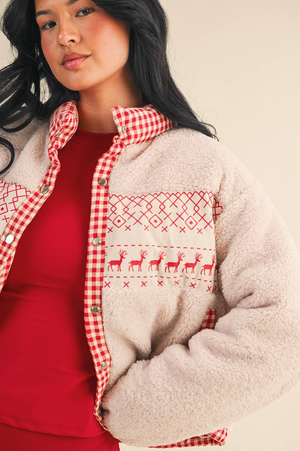 Cozy Sherpa Jacket with Gingham Lining and Holiday Trim