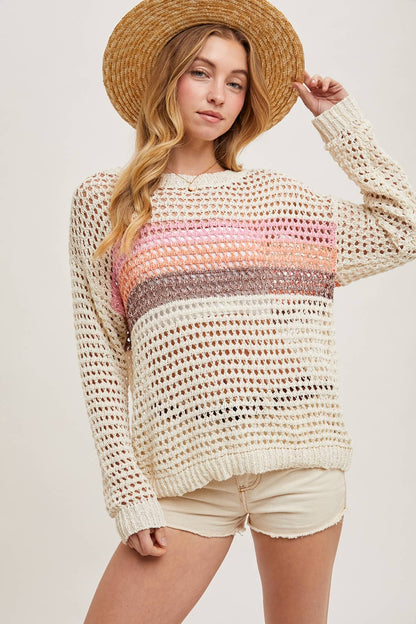 COLOR BLOCK OPEN KNIT SWEATER PULLOVER WITH NO LINIG