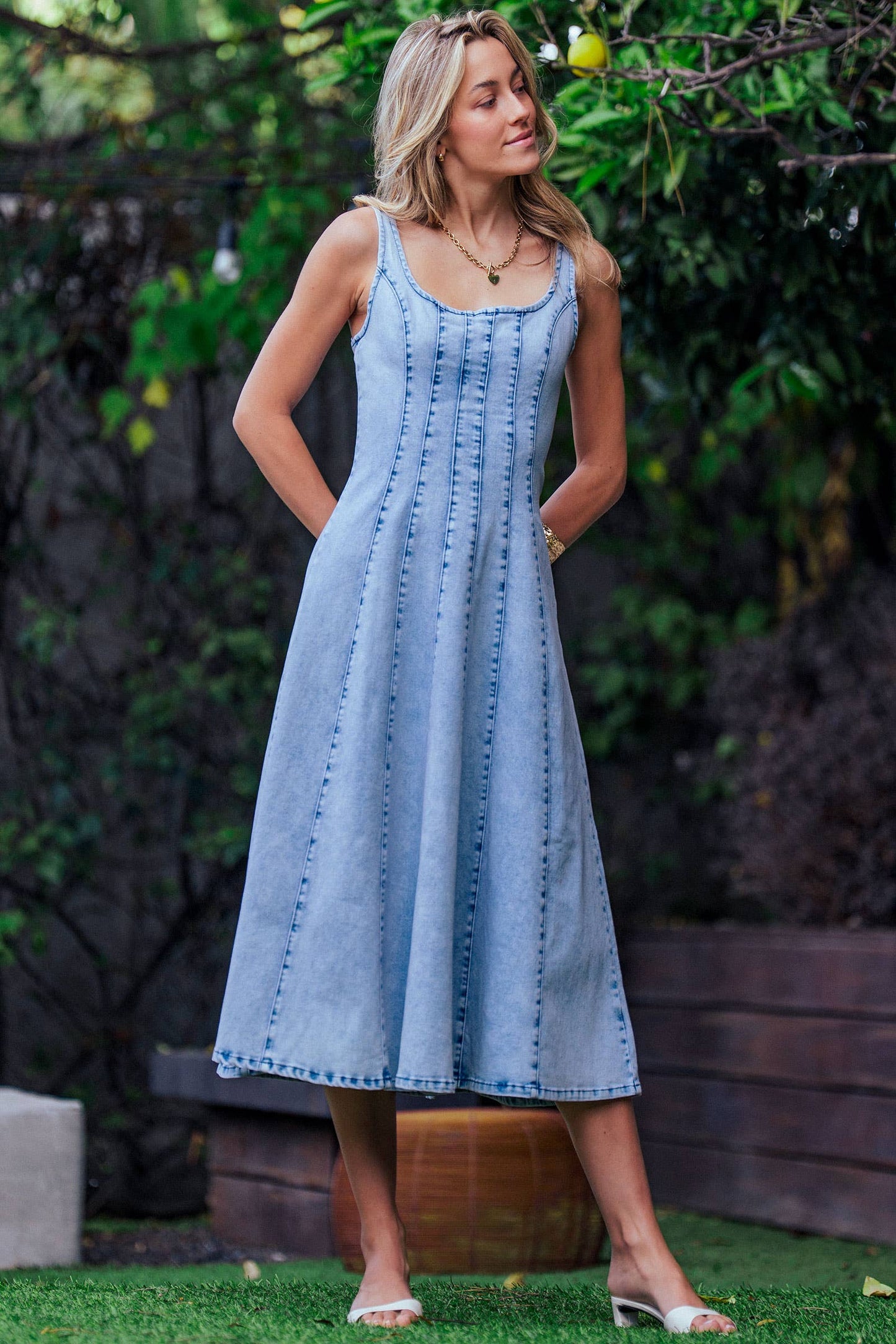 Panelled Denim Midi Dress Exposed Back Zipper