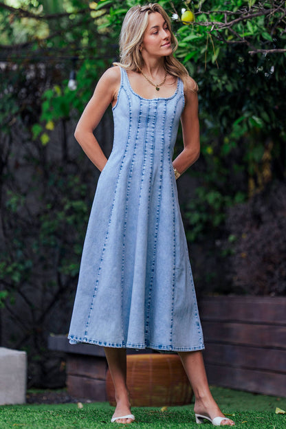 Panelled Denim Midi Dress Exposed Back Zipper