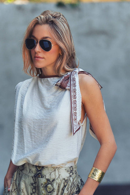 Paisley Scarf Tie Shoulder Linen Blend Top