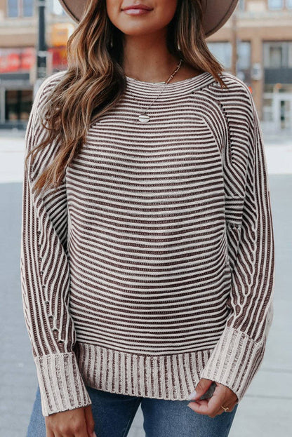 Dahlia Striped Print Ribbed Knit Boat Neck Baggy Sweater