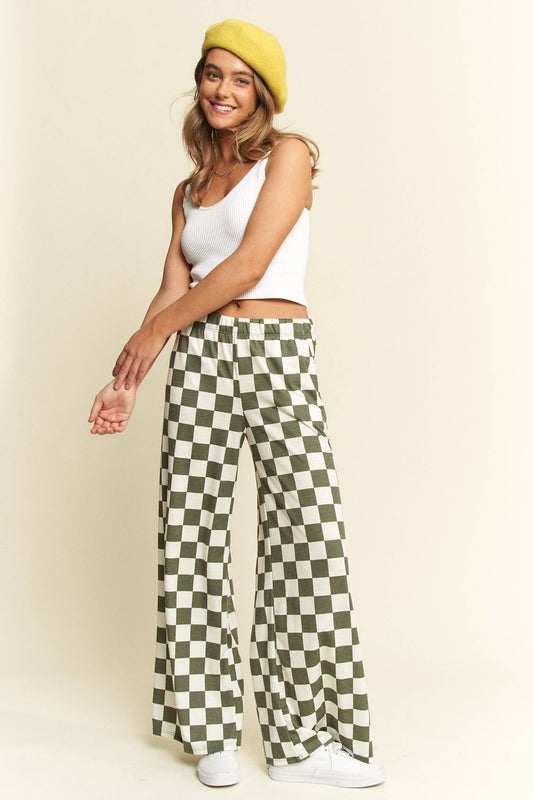 HIGH WAIST CHECKERED STRAIGHT LEG KNIT PANTS