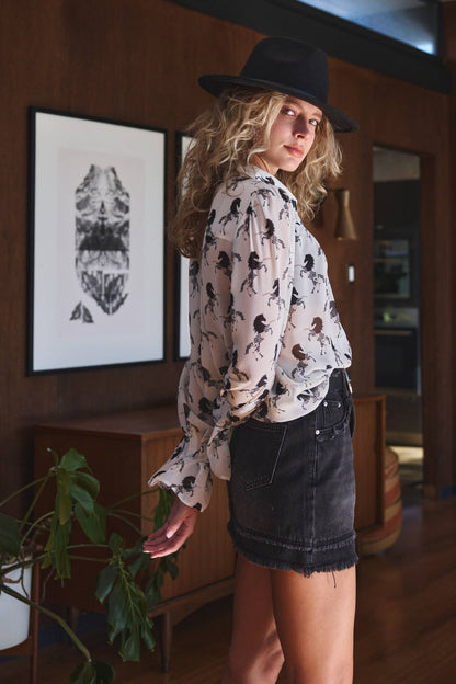 Western Horse Print Button Down Blouse Flared Cuff