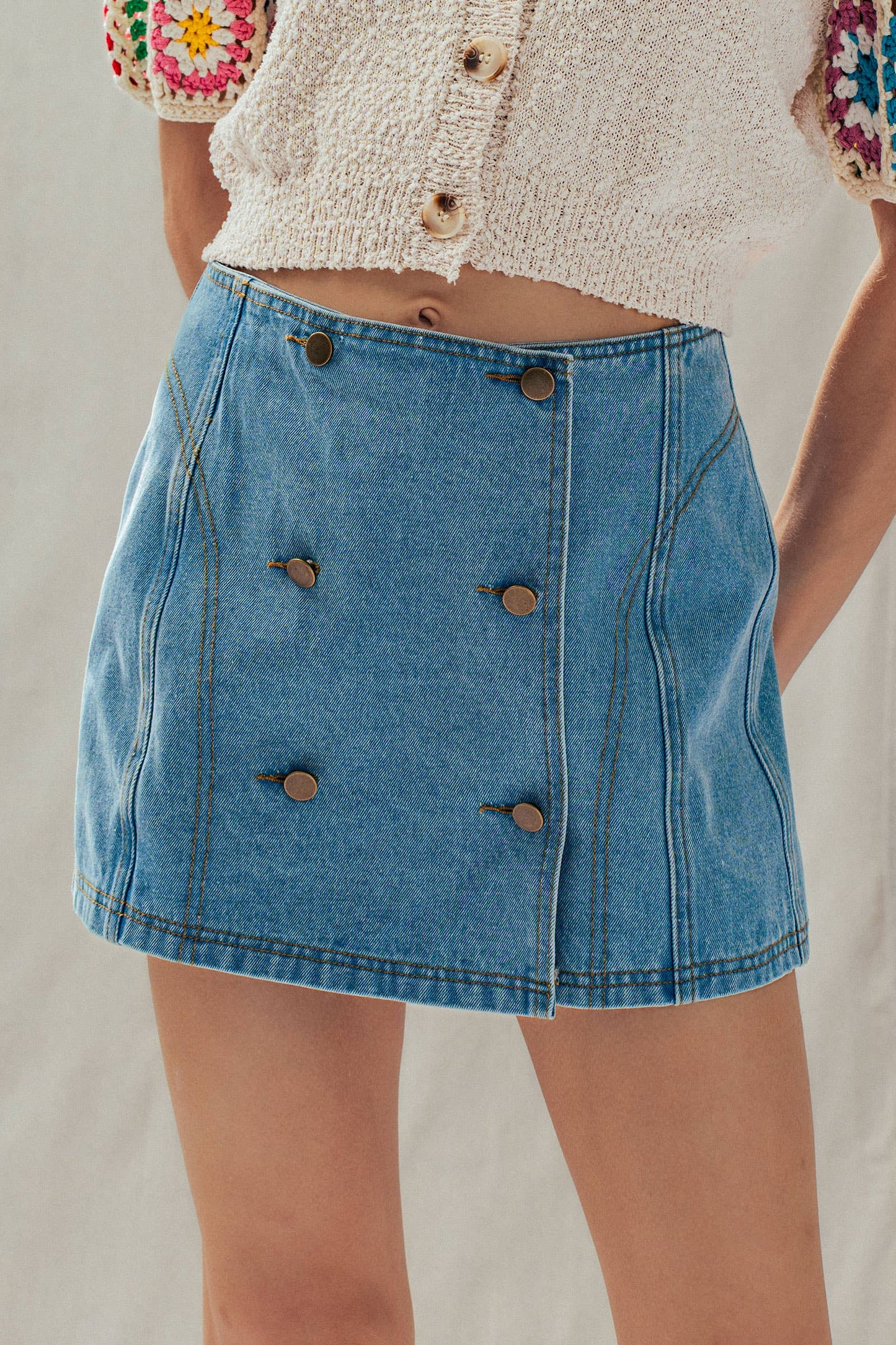 Retro Button Front High Waisted Denim Skort