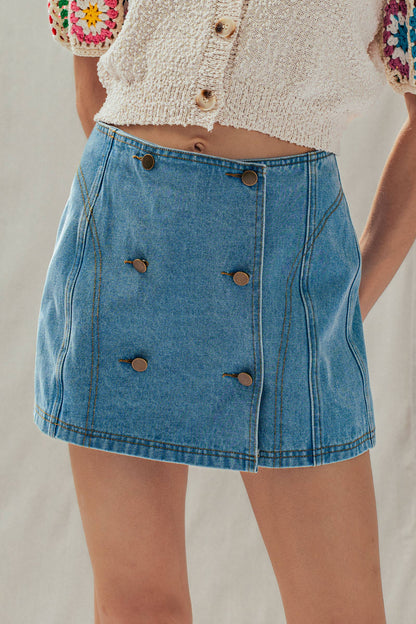 Retro Button Front High Waisted Denim Skort