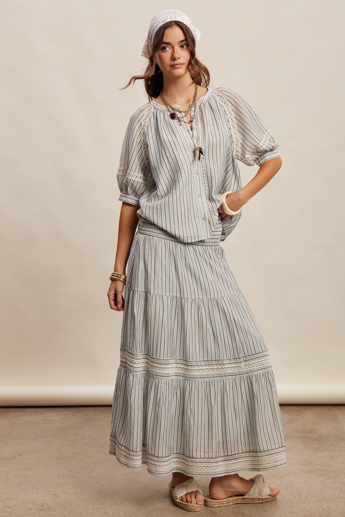 Striped Smocked Maxi Skirt with Embroidery Accents