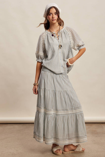 Striped Smocked Maxi Skirt with Embroidery Accents