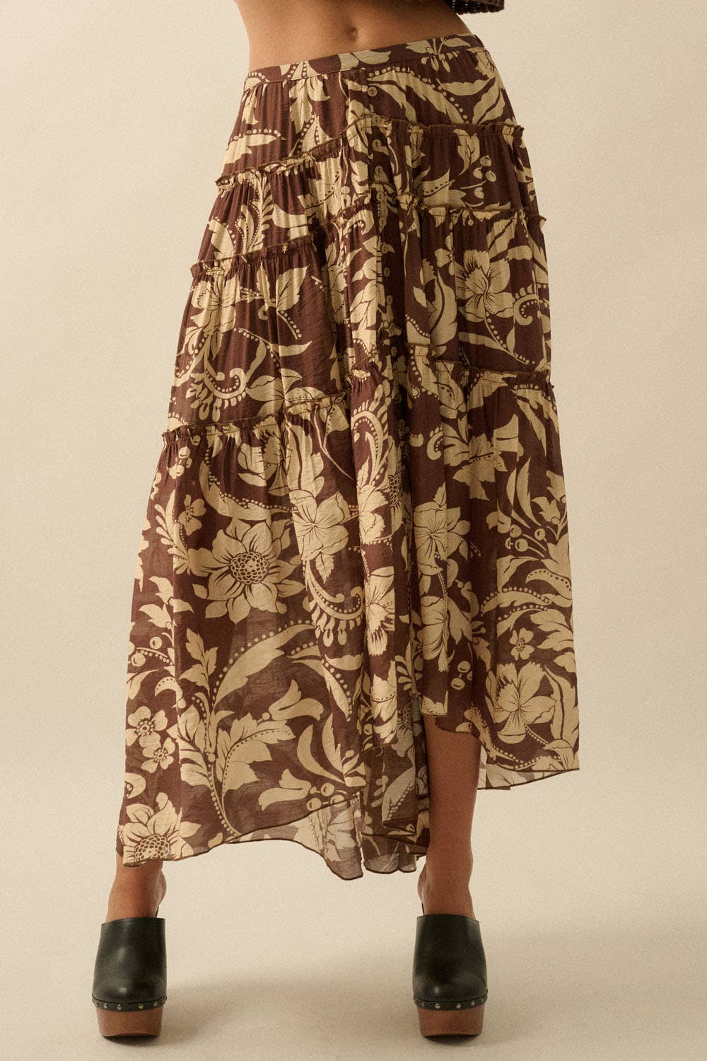 Floral-Print Buttoned Tiered Ruffle Maxi Skirt