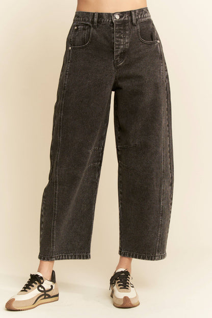 PATCH POCKET WIDE LEG CULOTTE DENIM BARREL PANTS