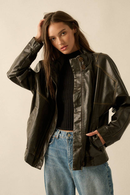 Faux Leather Piping-Trimmed Zip-Up Jacket