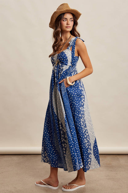 Patchwork Tie Strap Cotton Maxi Dress LD1625