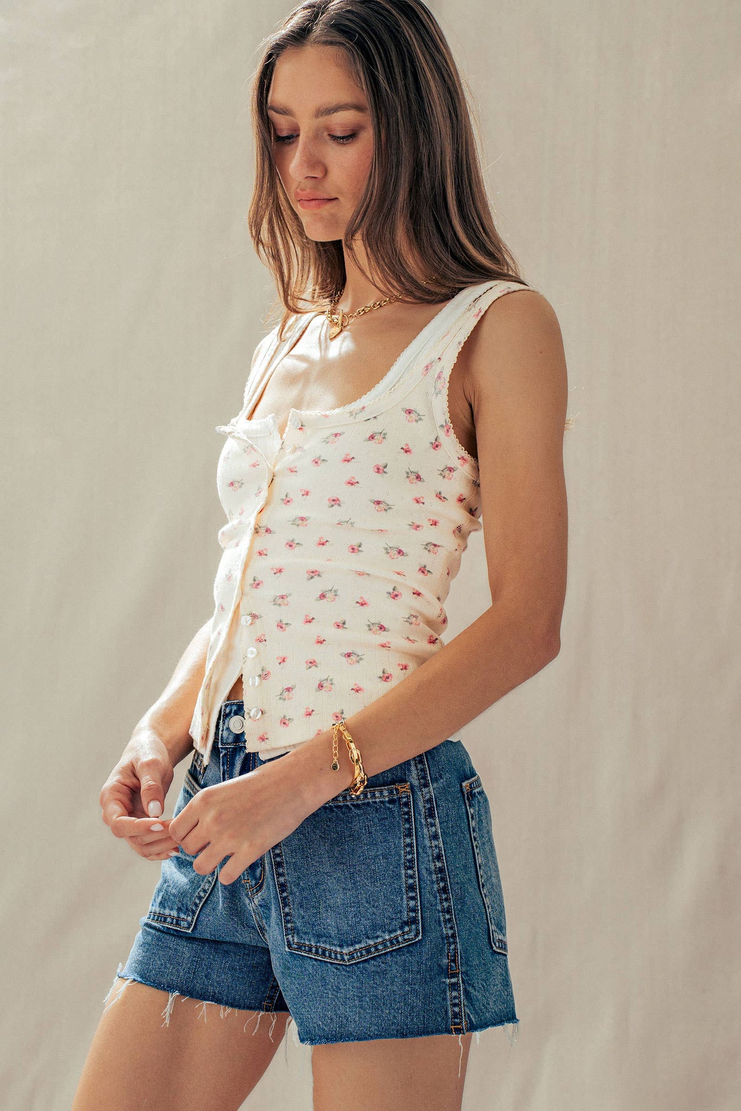 Ribbed Cotton Button-Front Picot Trim Tank