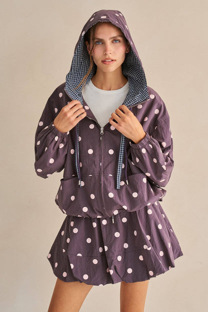 POLKA DOT DRAWSTRING HOODED JACKET