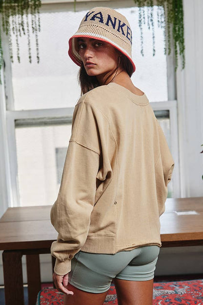 IT1365A Reversible Twist-Front Washed Terry Sweatshirt Top