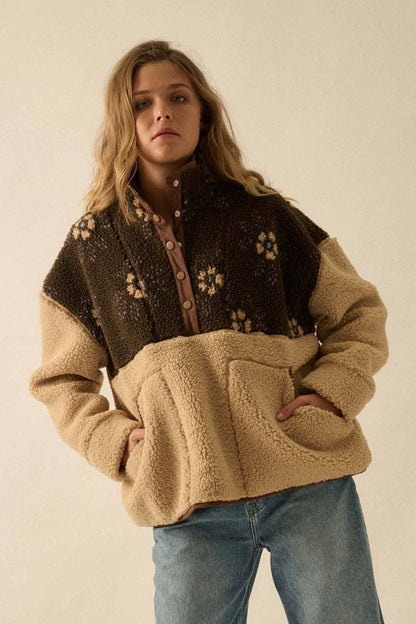 Colorblock Sherpa Fleece Half-Snap Pullover Jacket