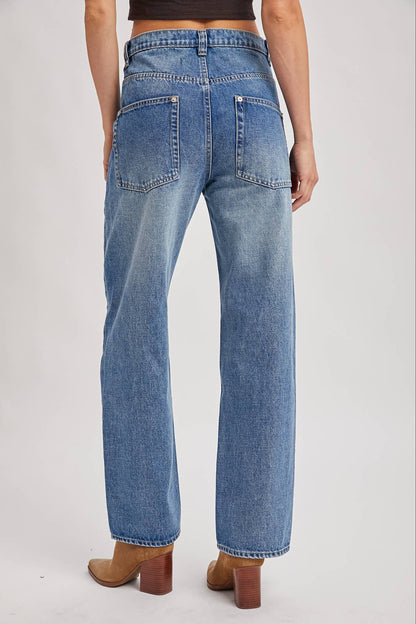 MEDIUM WASH DENIM HIGH-RISE STRAIGHT LEG PANTS JEANS