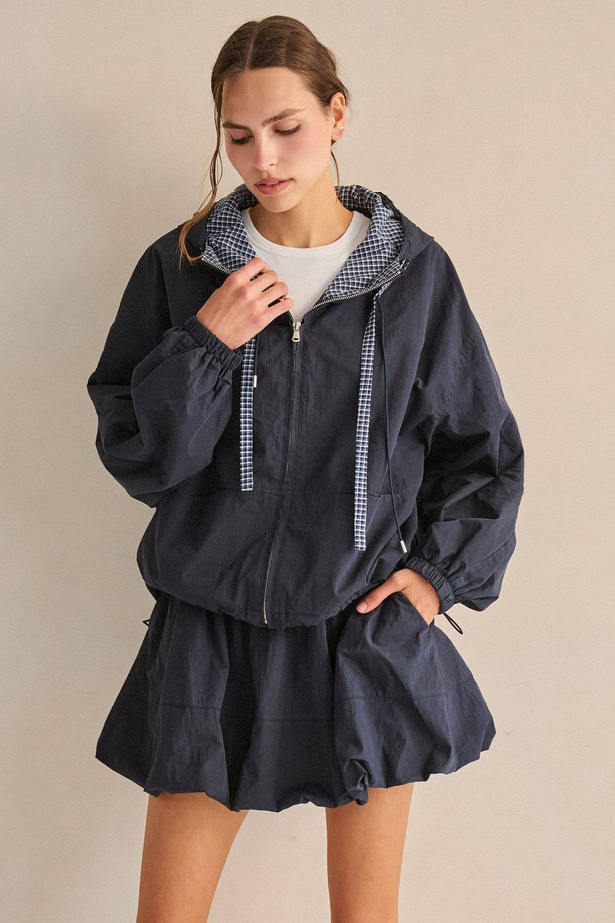 DRAWSTRING GINGHAM HOODED JACKET
