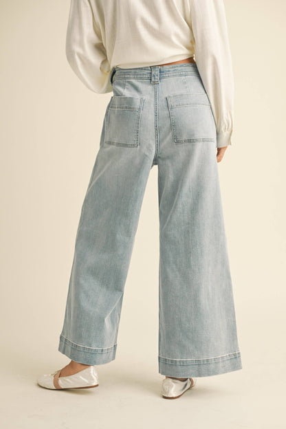 WASHED DENIM WITH TIE FRONT PANTS