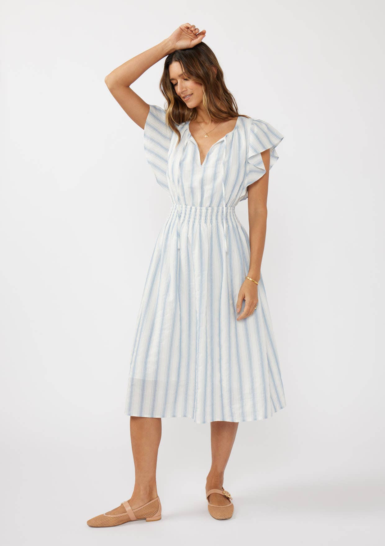 Ruffle Sleeve Split-Neck Smocked Waist Midi Dress