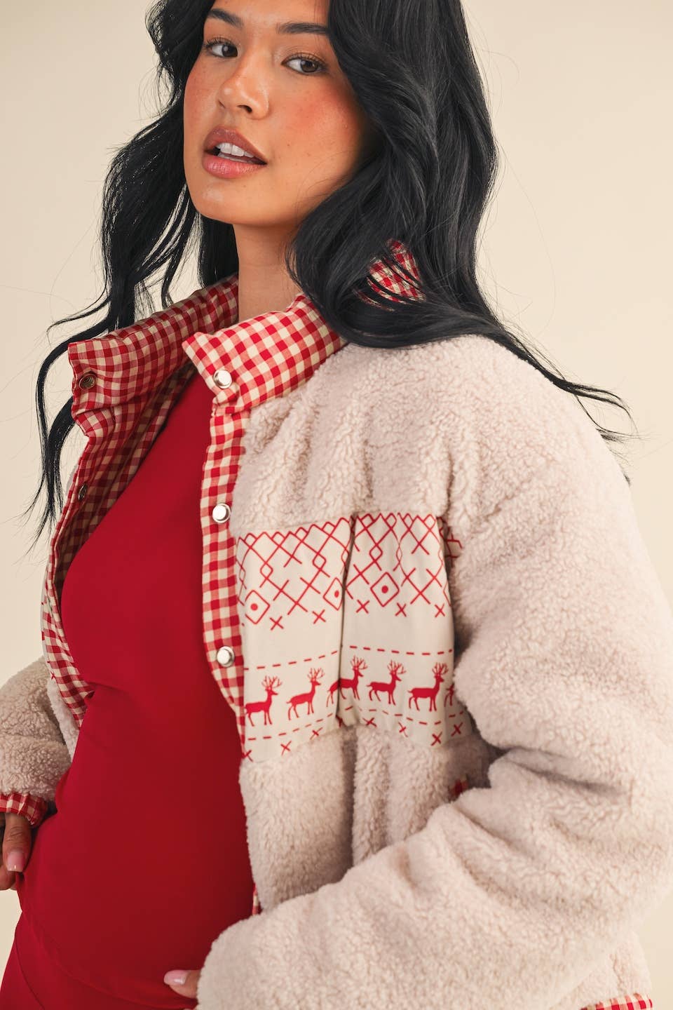 Cozy Sherpa Jacket with Gingham Lining and Holiday Trim