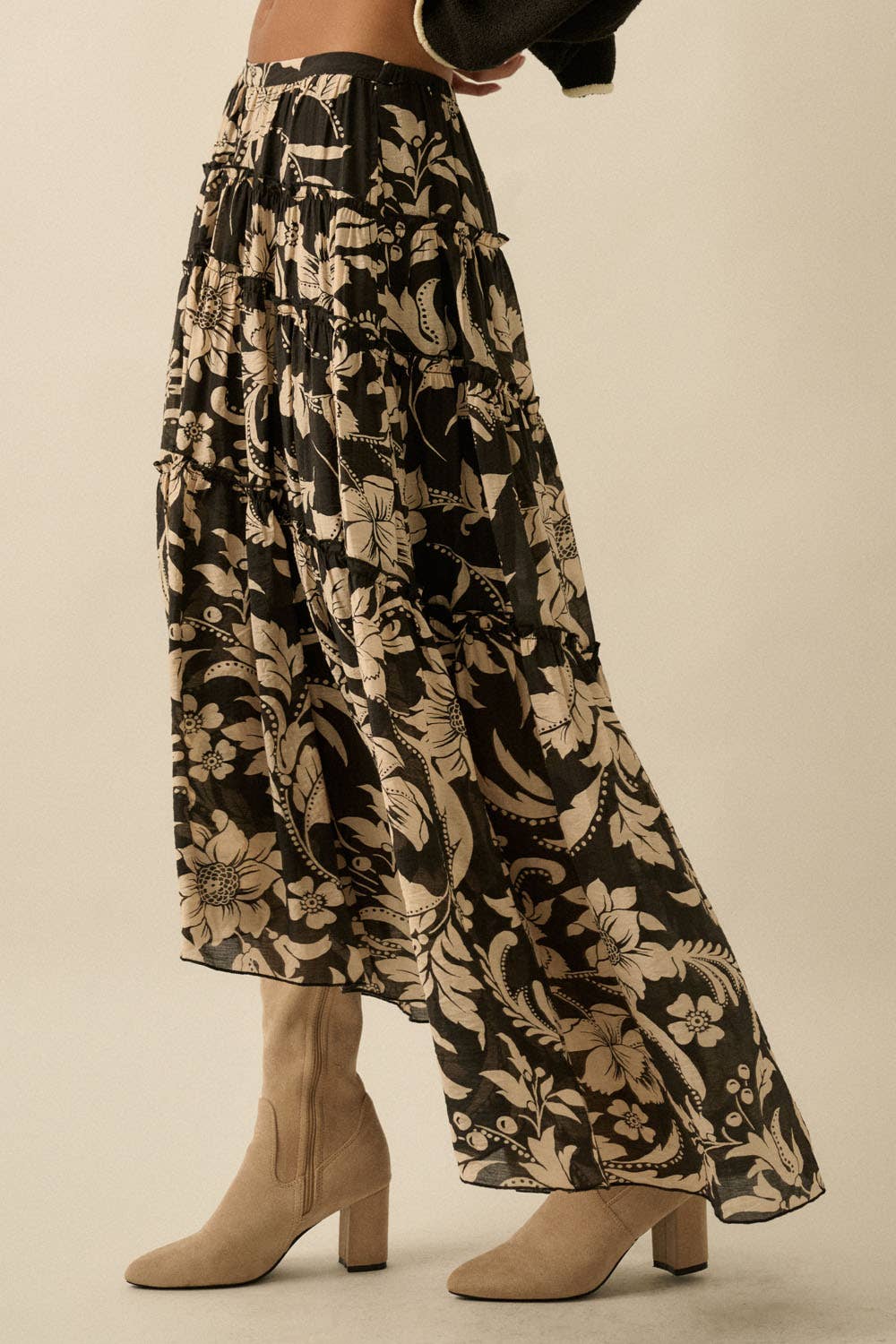 Floral-Print Buttoned Tiered Ruffle Maxi Skirt