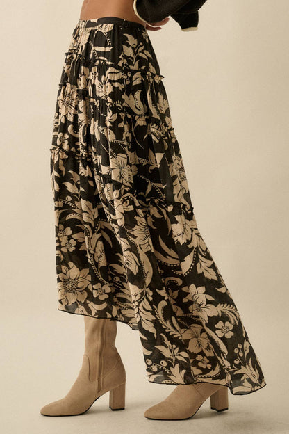 Floral-Print Buttoned Tiered Ruffle Maxi Skirt
