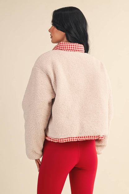 Cozy Sherpa Jacket with Gingham Lining and Holiday Trim