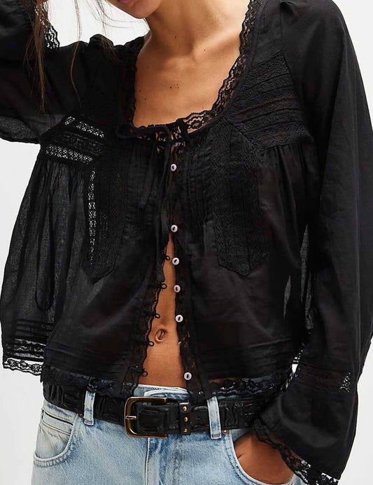 Ladies U-Neck Lace Splice Hollow Out Blouse Top