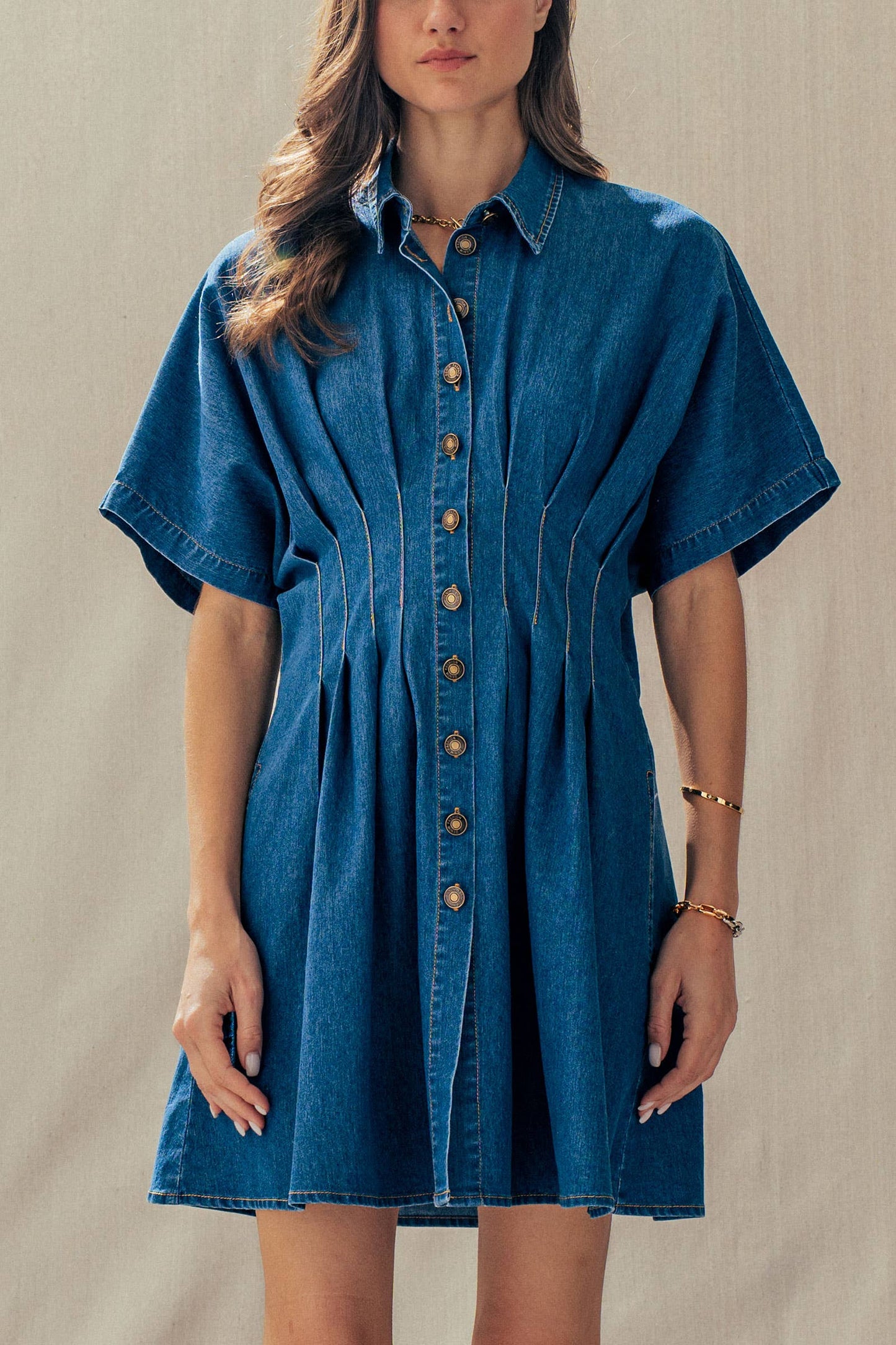 Tailored Waist Short Sleeve Denim Shirtdress