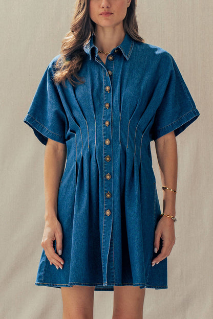 Tailored Waist Short Sleeve Denim Shirtdress