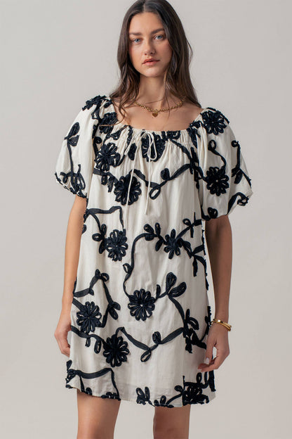 Floral Embroidery Off-Shoulder Puff Sleeve Mini Dres