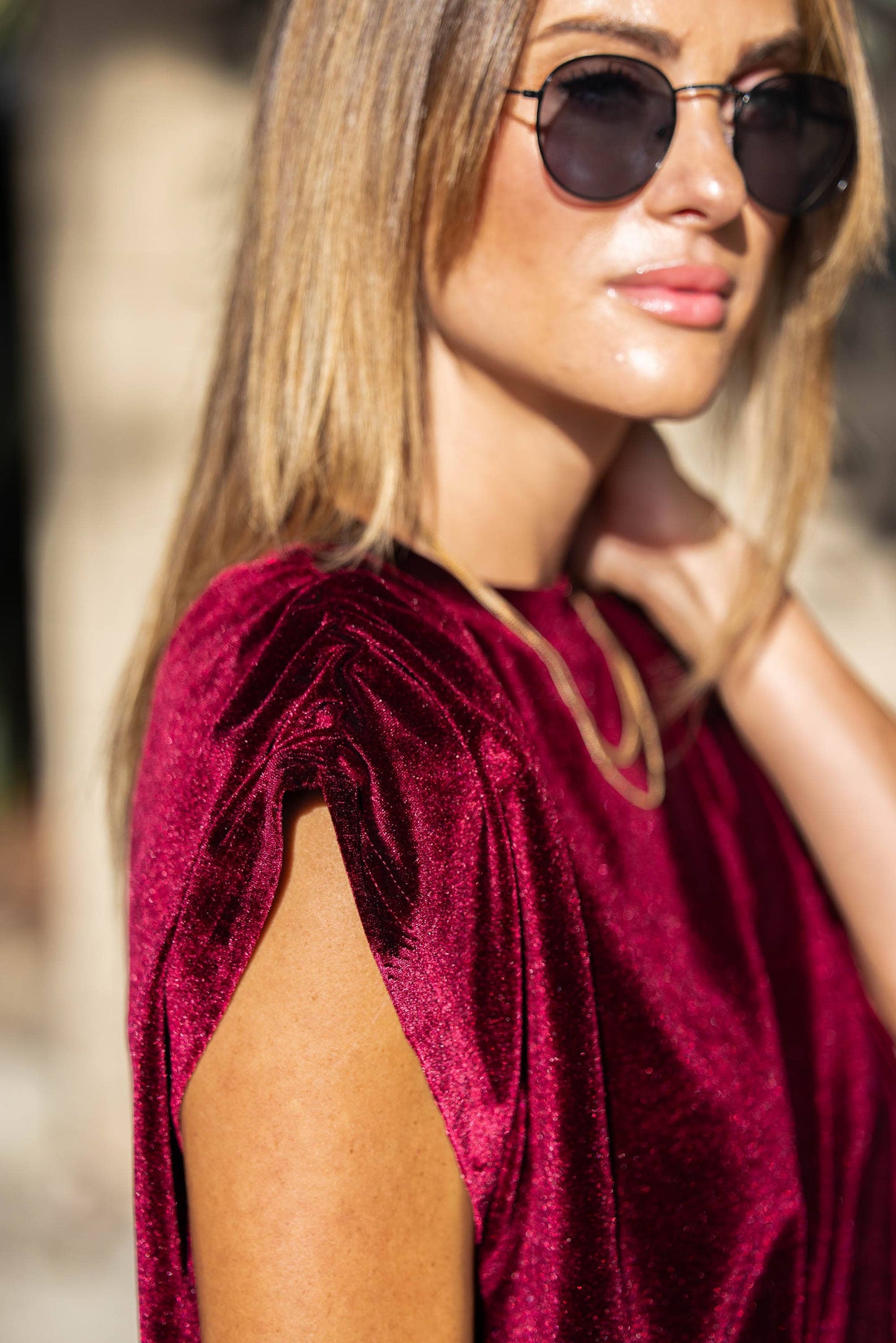 Velvet Ruched Shoulder Tee