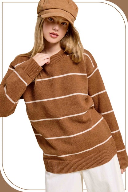HCS3553-Loose Fit Stripe Long Sleeve Crewneck Sweater