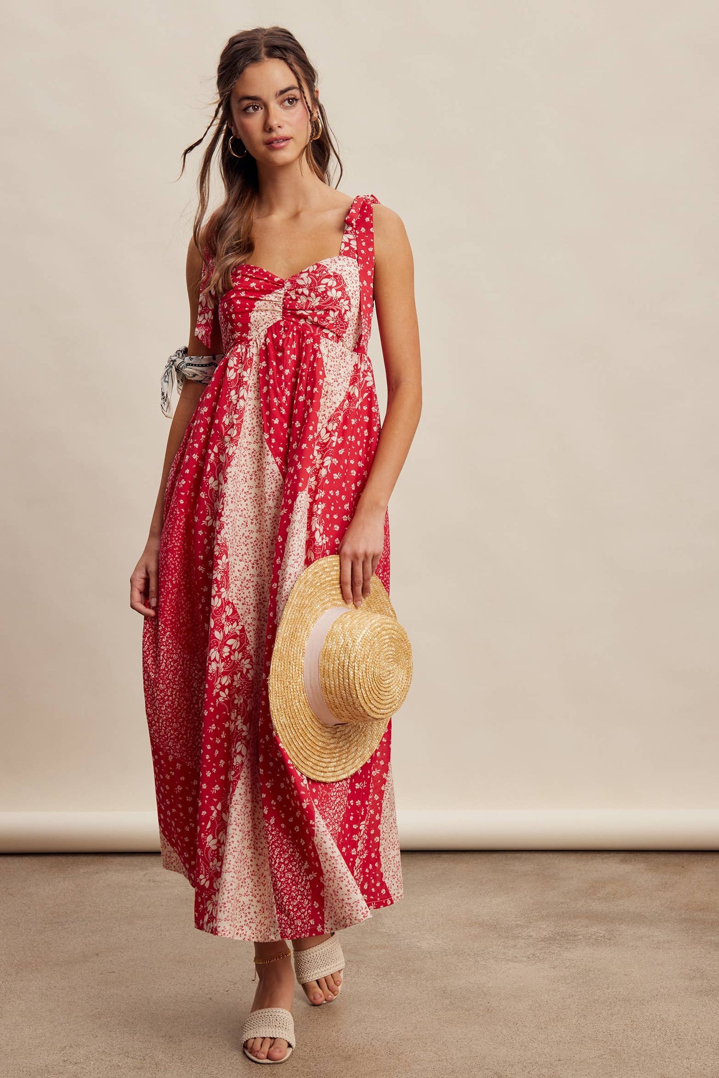 Patchwork Tie Strap Cotton Maxi Dress LD1625