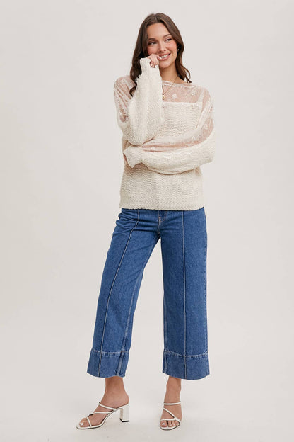 BOAT NECK LACE TRIMMED KNIT SWEATER PULLOVER