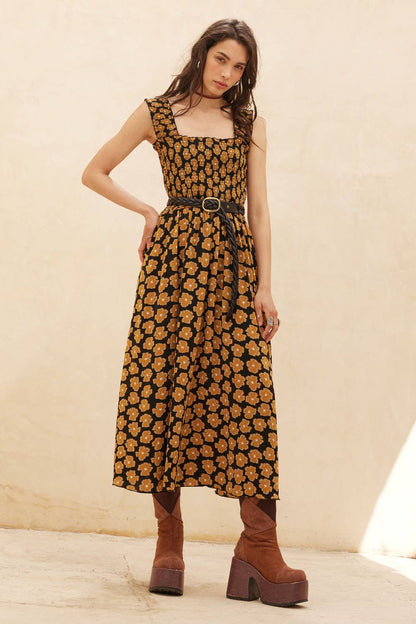 Floral-Print Fit-and-Flare Smocked Midi Dress