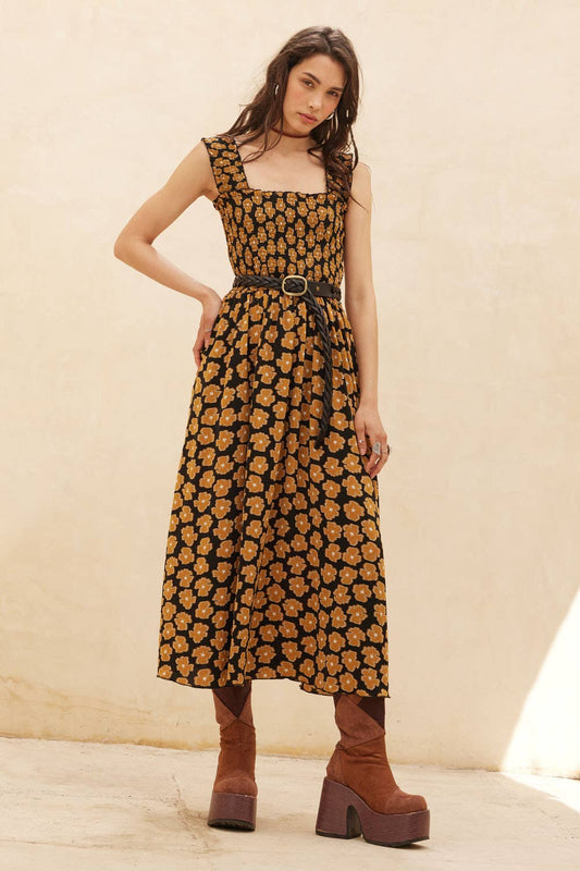 Floral-Print Fit-and-Flare Smocked Midi Dress