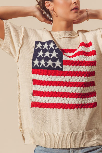 Crew Neck American Flag 4th Of July Sweater