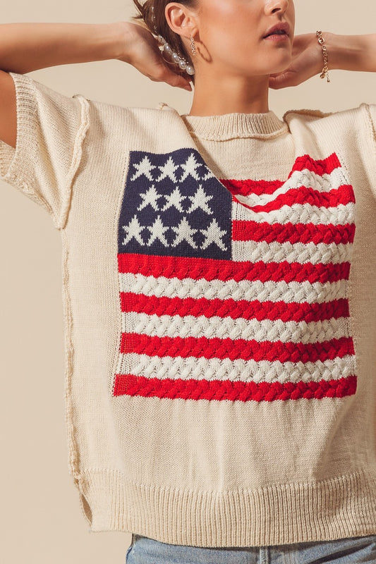 Crew Neck American Flag 4th Of July Sweater