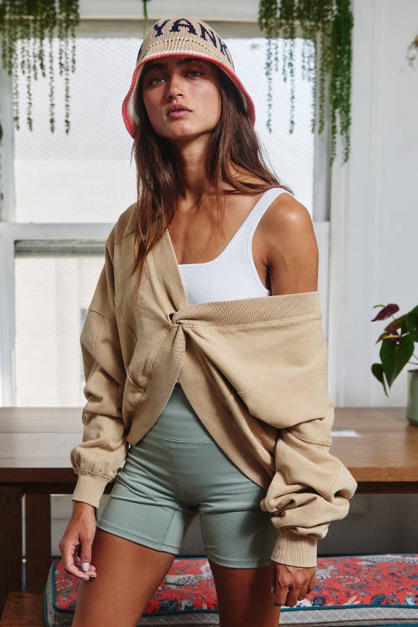 IT1365A Reversible Twist-Front Washed Terry Sweatshirt Top