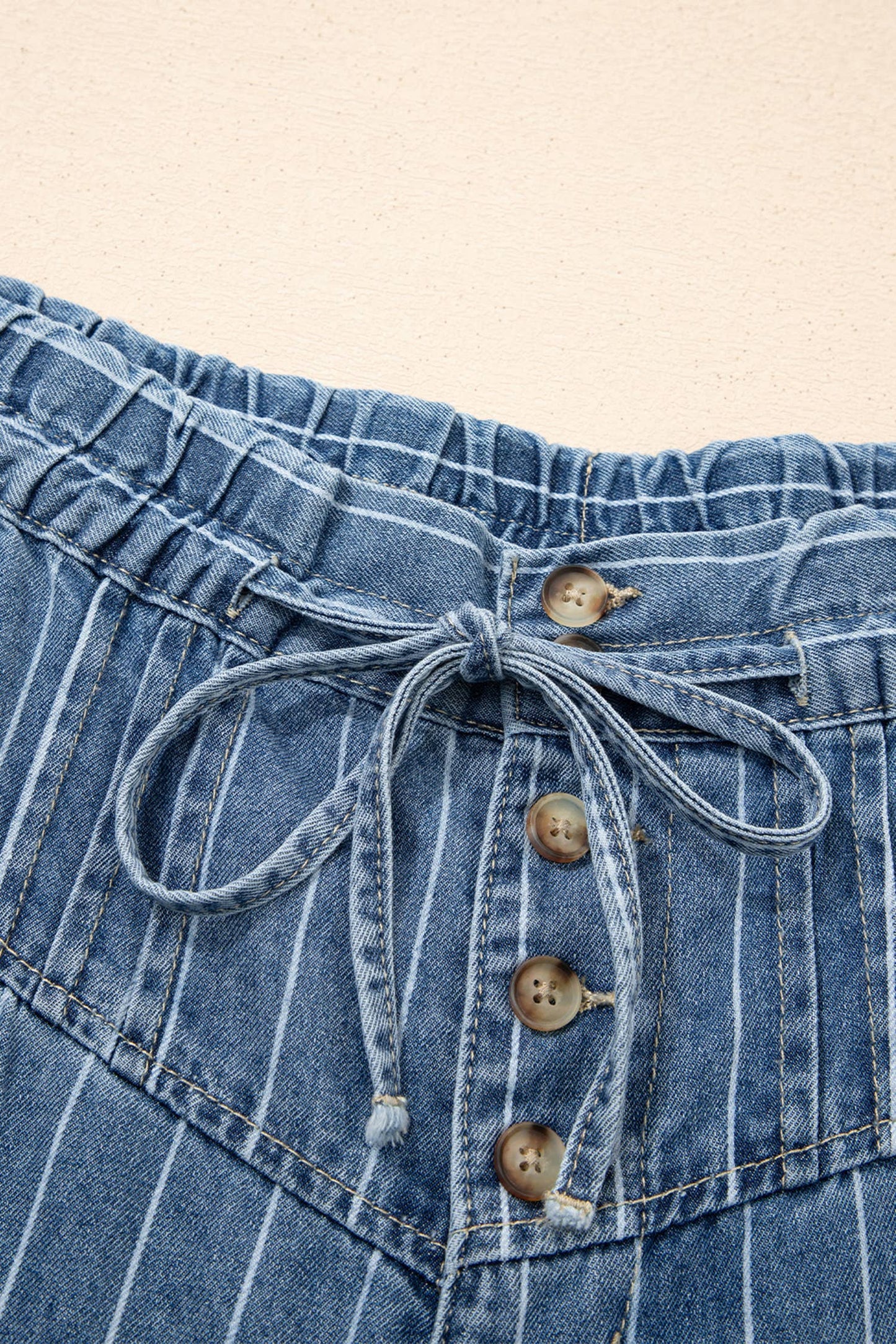Stripe Button Pleated Drawstring Waist Casual Wide Leg Jeans