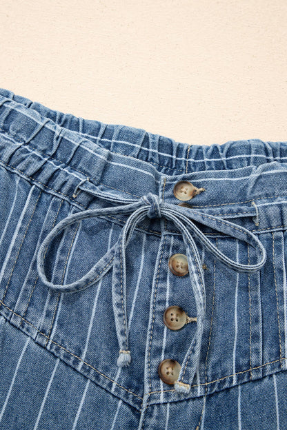 Stripe Button Pleated Drawstring Waist Casual Wide Leg Jeans