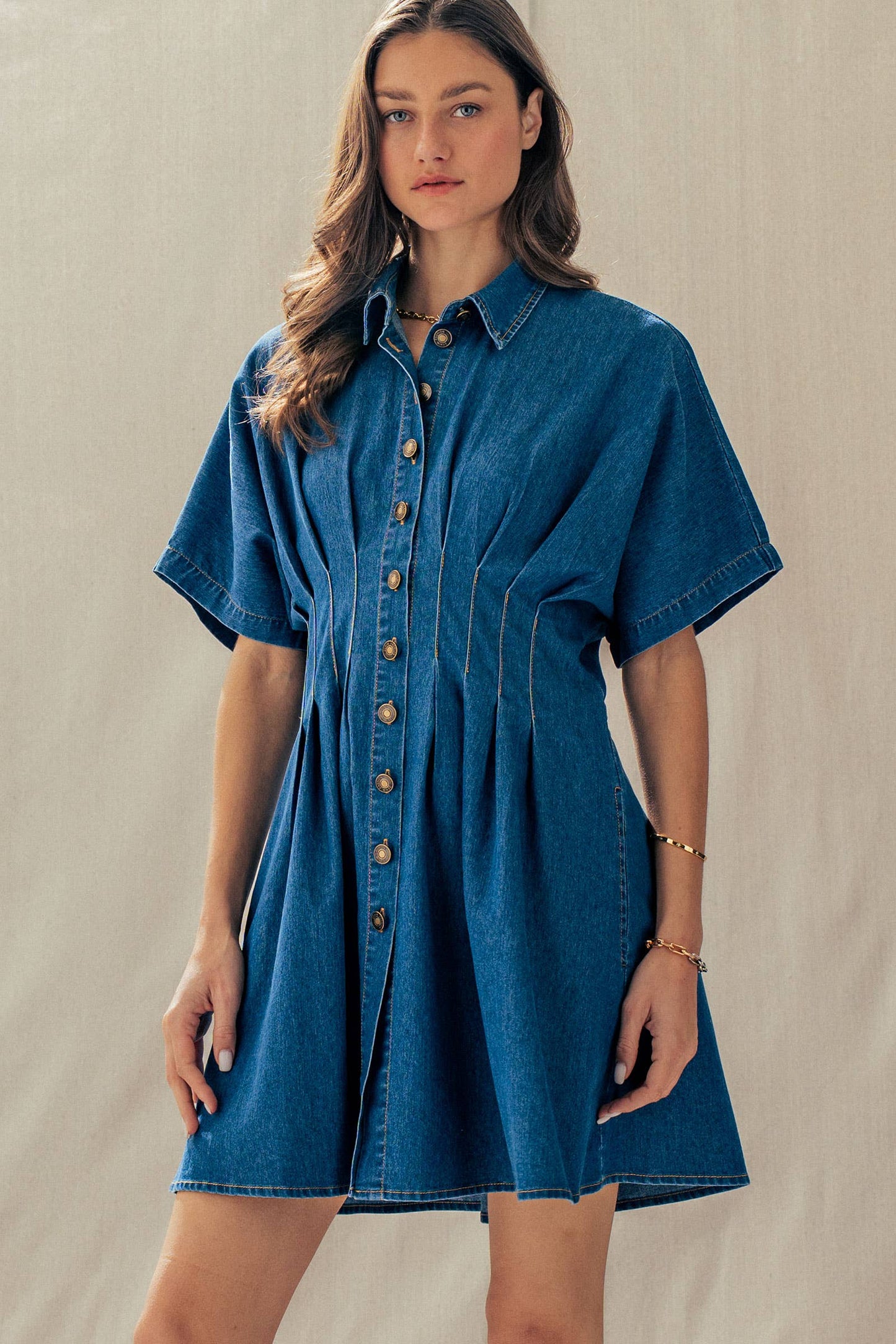 Tailored Waist Short Sleeve Denim Shirtdress
