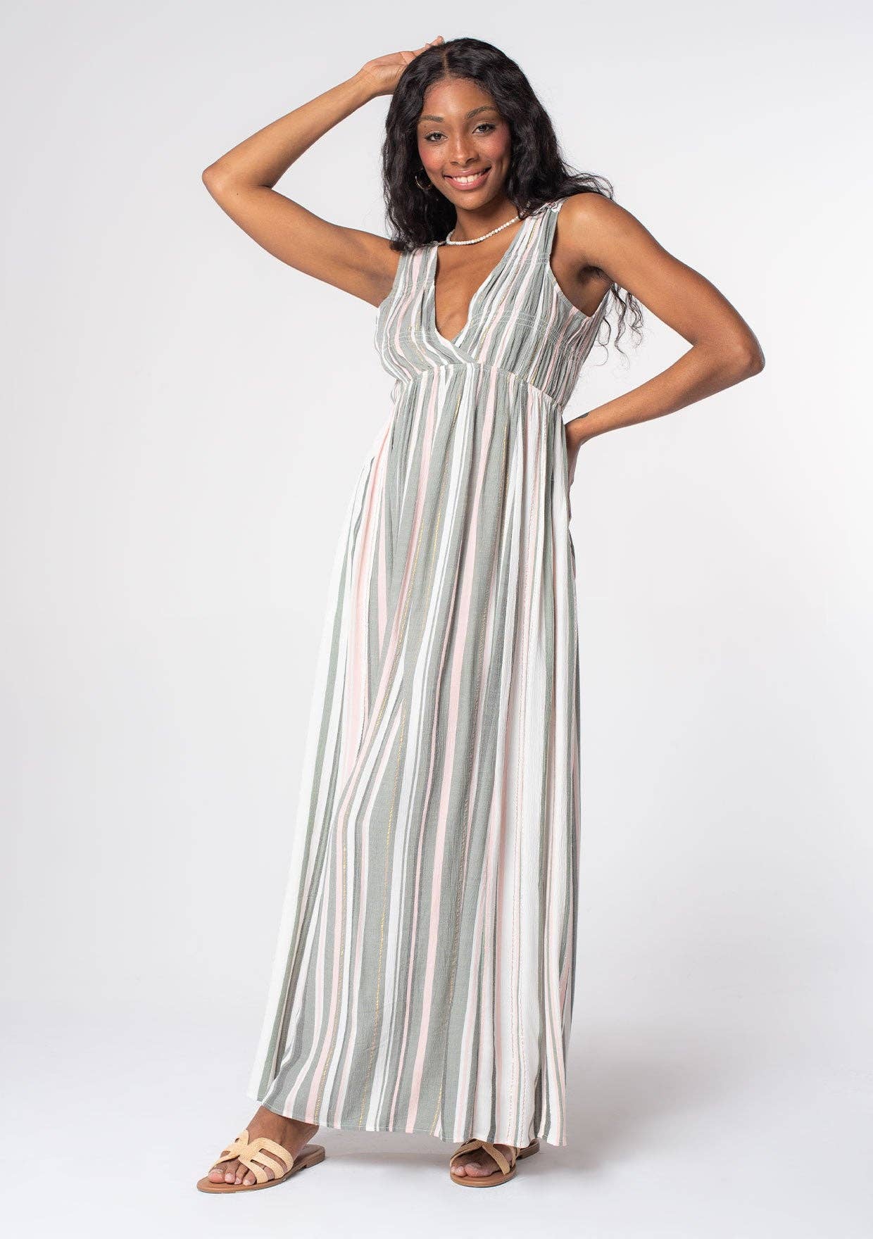 Striped Sleeveless V Neck Maxi Dress